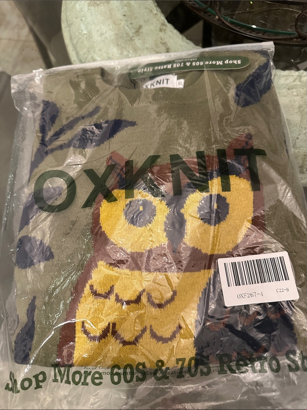 New with Tag! Oxknit Green Owl Jacquard Ruffled Design Sweater Knitwear sz XL - Picture 3 of 7